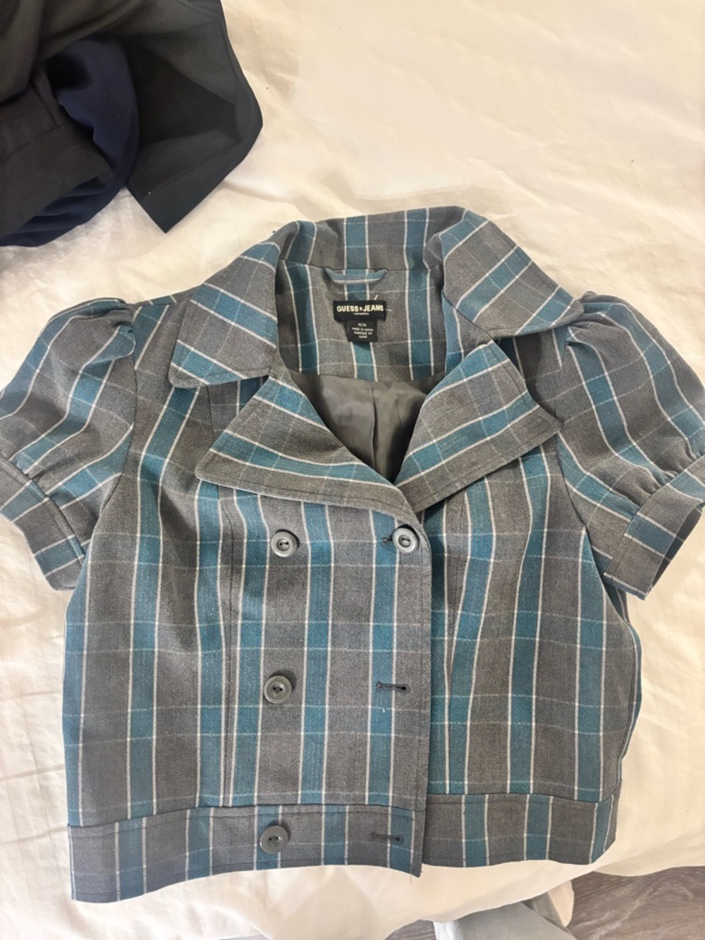 Guess Women's Short Sleeve Double-Breasted Stripe Jacket top - Blue/Gray